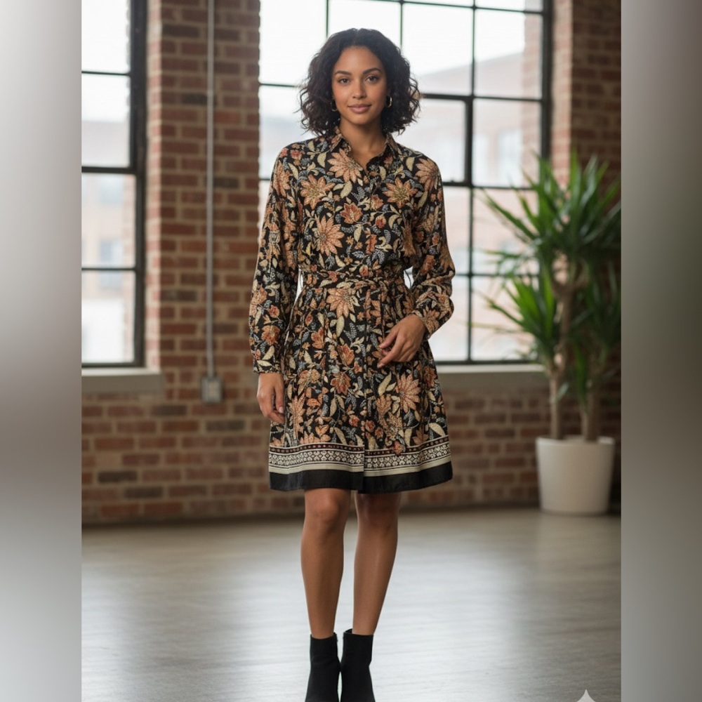 MANGO Black Multi Floral Boho Batik Print Mini Shirt Dress - Small